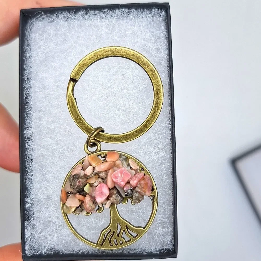 Rhodonite gemstone bronze tree of life keychain keyring keepsake gift in…